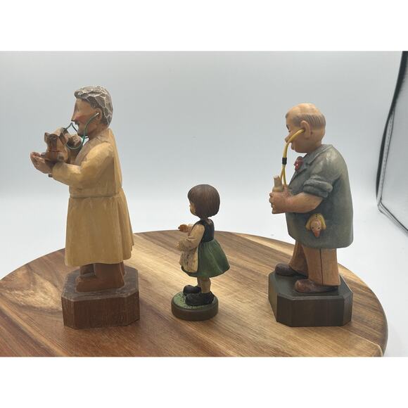 Vintage Hand Carved Wood Doctor Veterinarian Girl Figurines Set of 3 Folk Art - Picture 12 of 13
